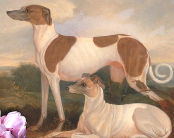 May include: A vintage oil painting of two white and brown greyhounds in a field. The dog on the left is standing and the dog on the right is lying down. The painting is framed in a white ornate frame.