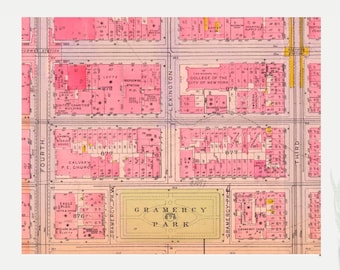 Manhattan, New York pink map, Madison Square, Gramercy Park, Lexington Avenue, vintage, instant download up to 24 x 36 inches