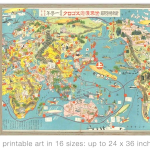 Mapa del mundo, mapa pictórico, ilustración japonesa, mapa del mundo antiguo, impresión japonesa antigua moderna, IMPRIMIBLE 24" x 36"