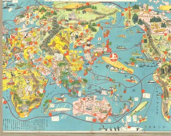 World map, pictorial map, Japanese illustration, Vintage World Map, Japanese Vintage Modern Print,  PRINTABLE 24&quot;x36&quot;