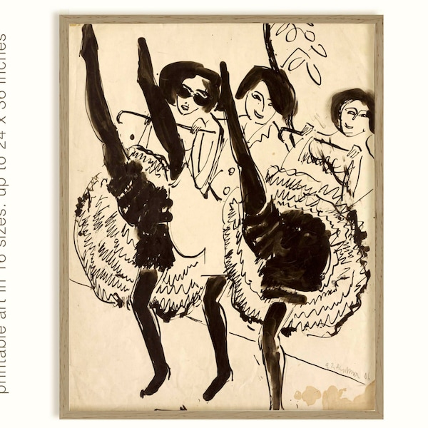 ERNST LUDWIG KIRCHNER, Can Can dancers, vintage dancing girls, printable poster, German Expressionist painters, Cabaret, black and white.