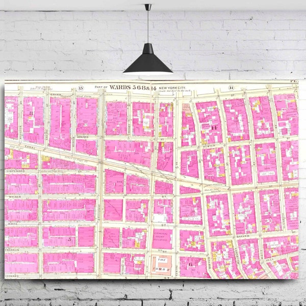 Large Pink MANHATTAN Vintage Map, Printable New York Map, NYC Wall Poster, Antique Lower Manhattan Wall Décor, NYC Street Map 24"x36"