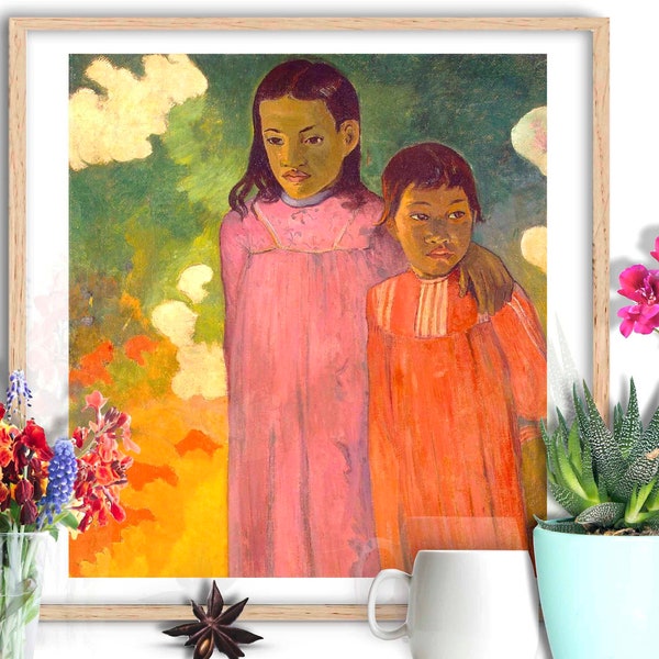 Paul Gauguin, Tahiti, Painting of Children, Sisters Print, Sibling Wall Art, Tropical Rich colours Orange and Pink Boho Art Downloadable Art