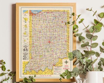 Indiana map, vintage Indianapolis, retro wall art, mid century wall map, USA road maps, poster PRINTABLE.
