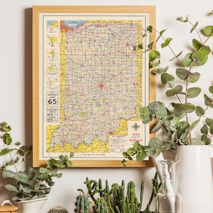Indiana Karte, Vintage Indianapolis, Retro Wandkunst, Wandkarte der USA, Mid Century Straßenkarten, Poster DRUCKBAR.