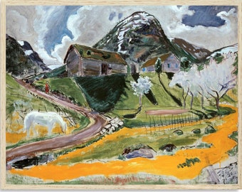 Norwegian art, a vintage Norway landscape oil painting, a digital download print.