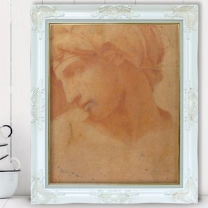 Klassisches Kunst Plakat, Michelangelo, rote Kreide Zeichnung DRUCKBAR, männliches Porträt, Erdtöne Dekor, klassische schöner Junge Digital Art Poster