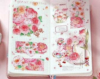 Rouleau 2m d'autocollants Vintage fleurs, Rose, tulipe, pour bricolage, bullet Journal, décoration album Scrapbooking