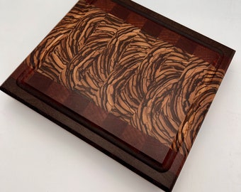Custom Zebra, Padauk, and Wenge Wood End Grain Cutting Board with Juice Grooves and Brass Feet