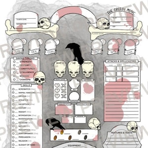 May include: A fantasy-themed character sheet with a gray background. The sheet features various sections for stats, skills, and equipment, along with illustrations of skulls and a raven. The text "THE GREEDY MIMIC" is visible.