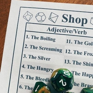 May include: A close-up shot of a printed sheet with the word "Shop" and a list of adjectives and verbs. Several green and gold polyhedral dice are stacked on the sheet. The dice have white numbering.