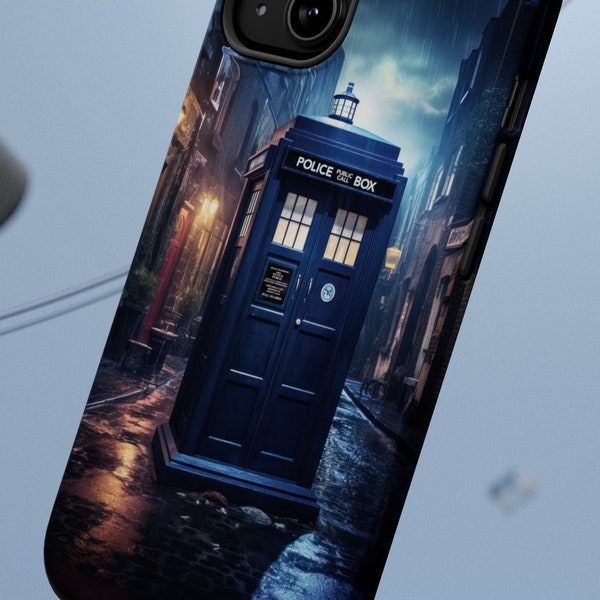 iPhone Case With Painted image of Police Box in rainy streets of UK | Gift for Dr. Who Fans | MagSafe - iPhone 15 , iPhone 14 , iPhone 13