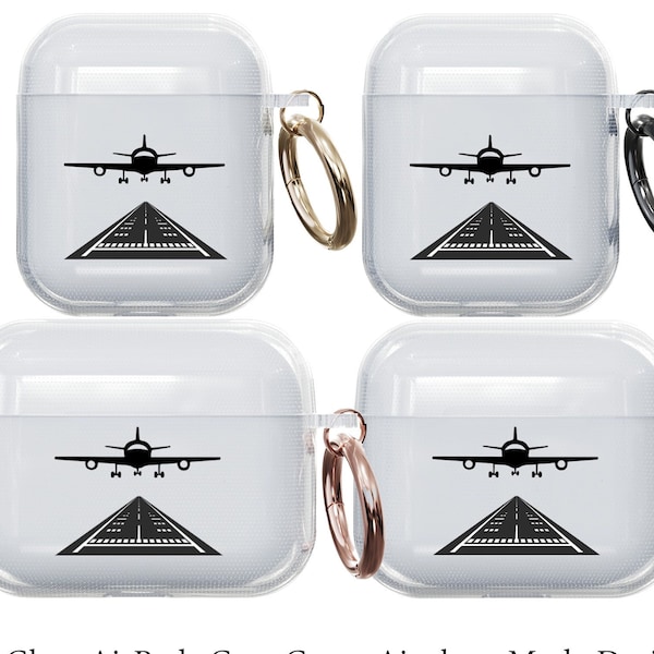 Airplane Mode Clear AirPod Case Covers with Carabiner | Minimalistic Design of Jet and Airplane Runway | Pilot Gift | Frequent Flyer Gift