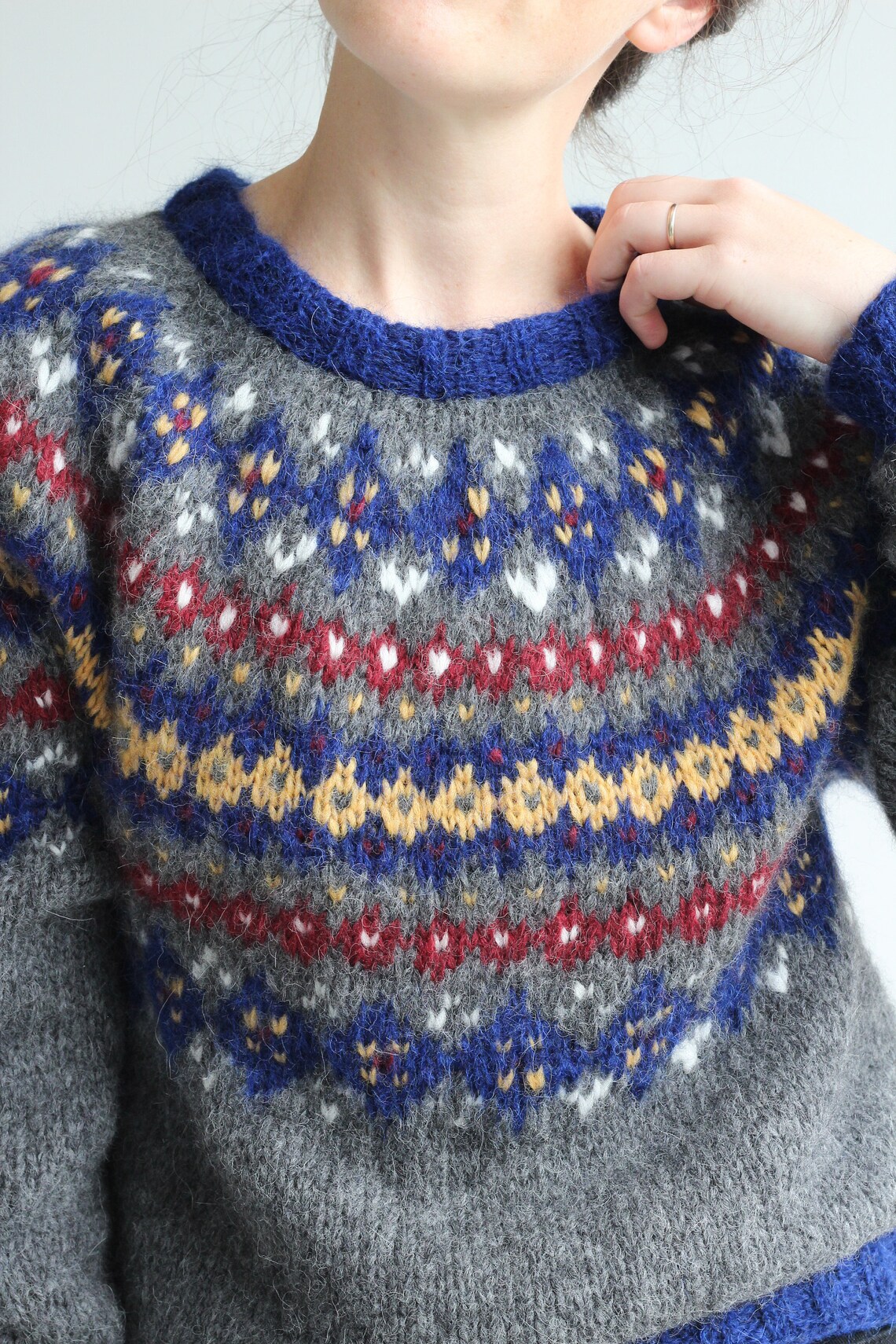 Blue fair isle yoke sweater colorful warm wool jumper Etsy