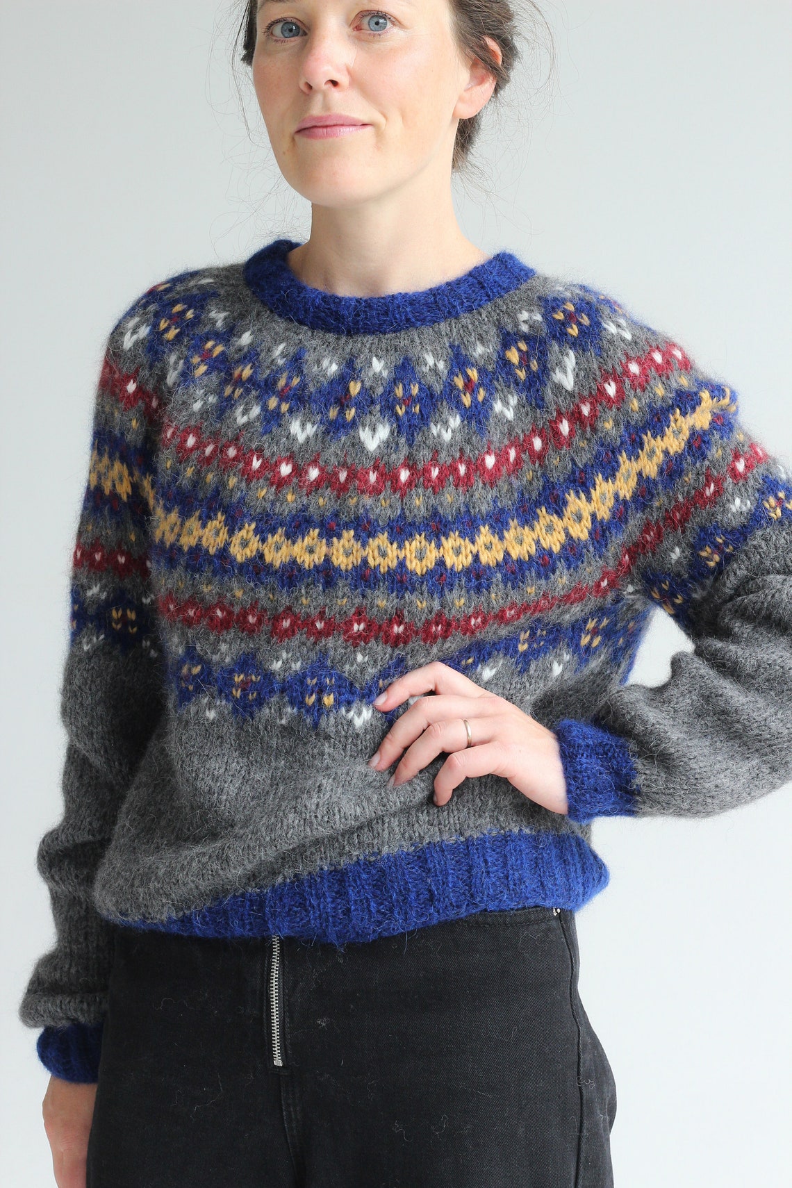Blue fair isle yoke sweater colorful warm wool jumper Etsy