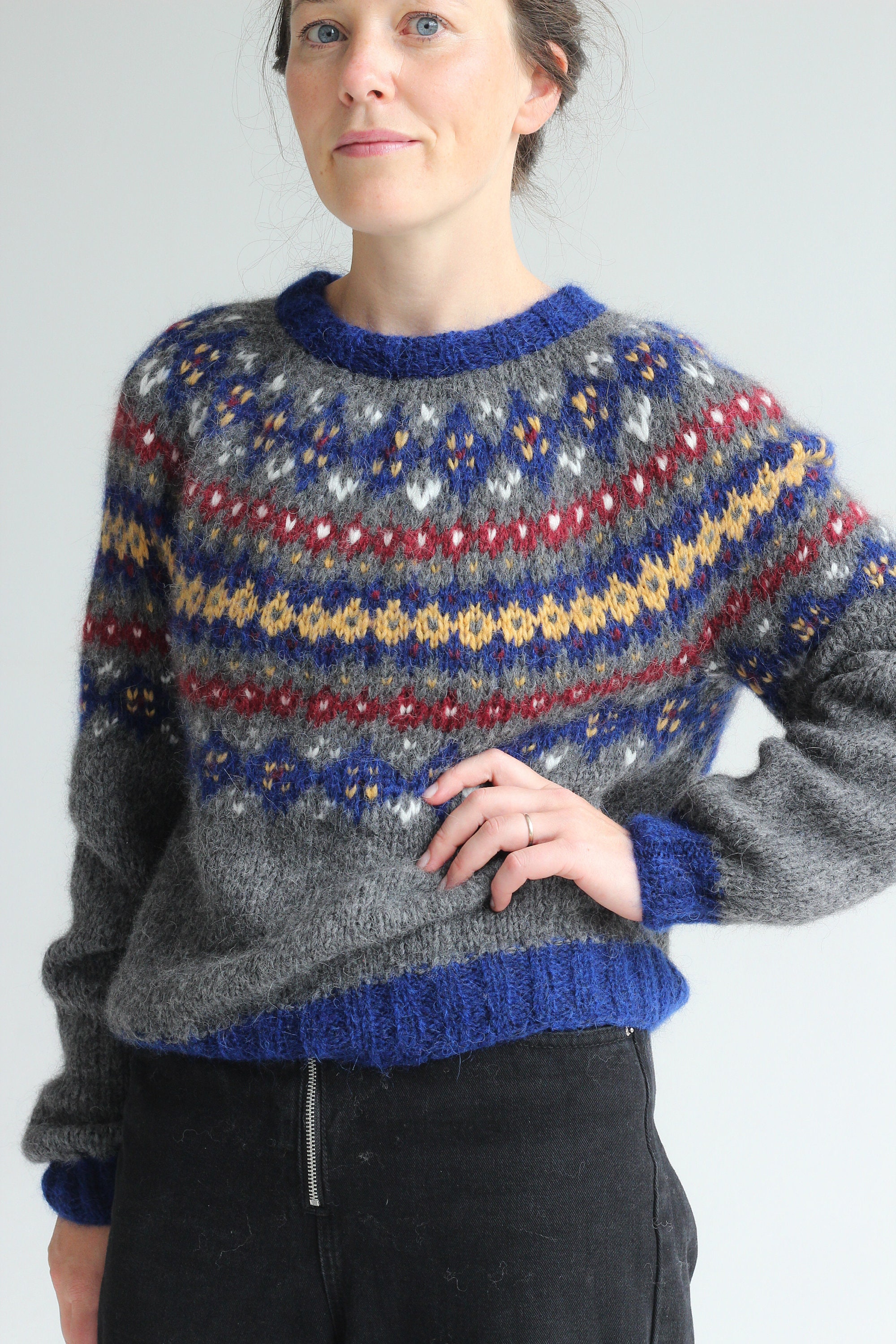 Blue fair isle yoke sweater colorful warm wool jumper Etsy