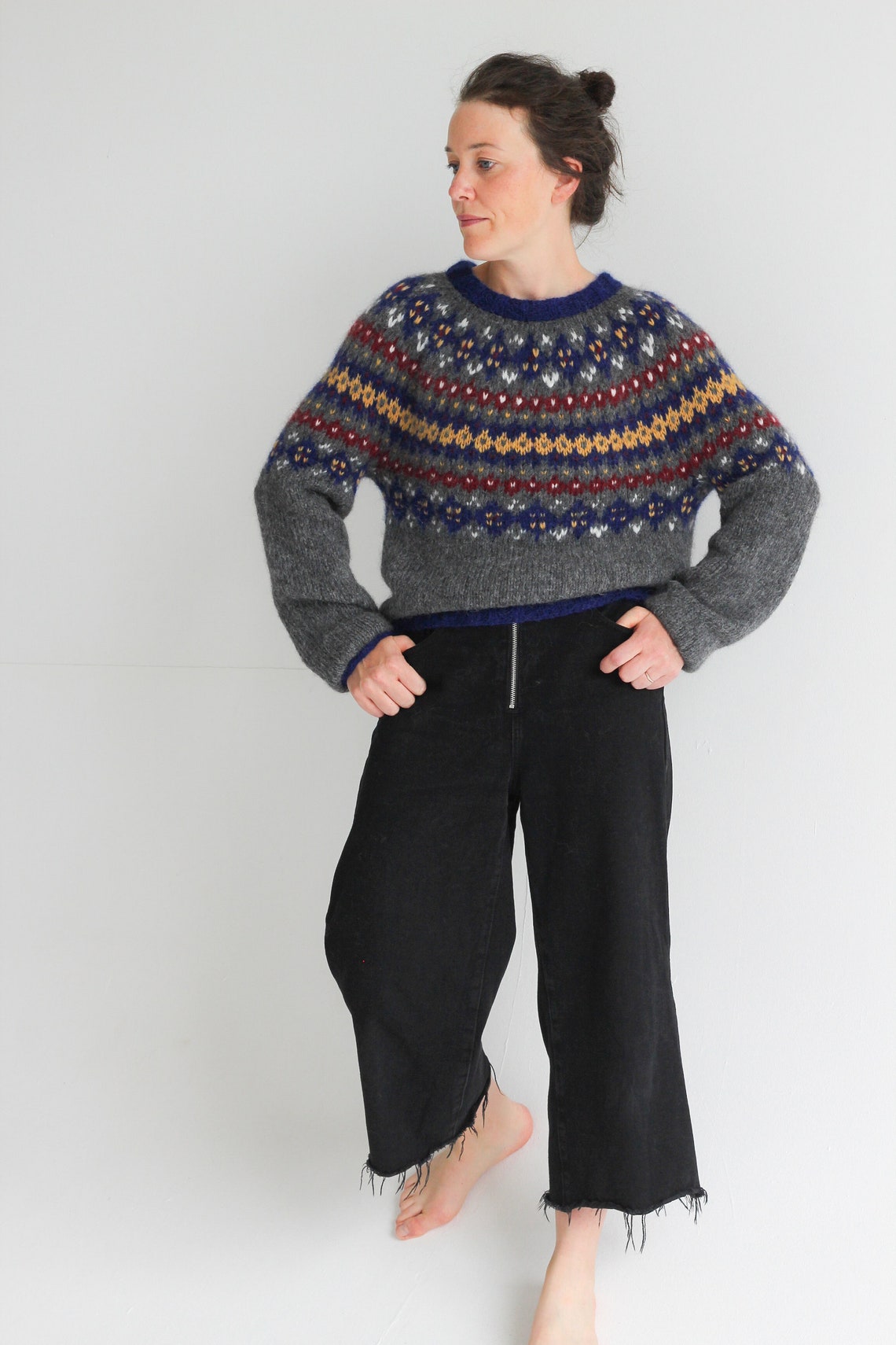 Blue fair isle yoke sweater colorful warm wool jumper Etsy