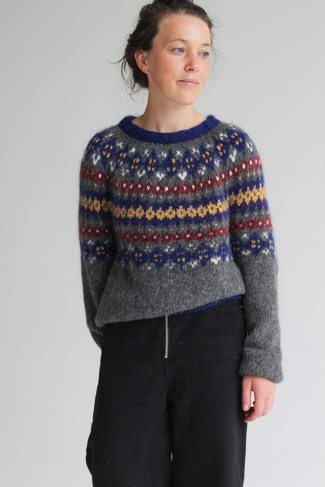 Blue fair isle yoke sweater colorful warm wool jumper Etsy
