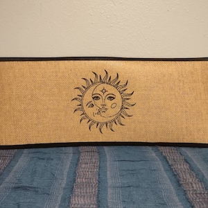 Altar Cloth / Table Runner Whimsical sun and moon- Laminated Burlap - 24" x 9.5"