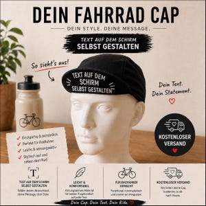 Könnte beinhalten: Schwarze Fahrradkappe mit weißem Text auf dem Schirm, der "TEXT AUF DEM SCHIRM SELBST GESTALTEN" lautet. Die Kappe wird auf einer weißen Büste präsentiert. Eine Wasserflasche und Text sind ebenfalls sichtbar.