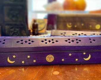 Hand Carved Wood Incense Burner Ash Box with Sun Moon Stars Inlay | Incense Storage | Smoke Box | Wicca