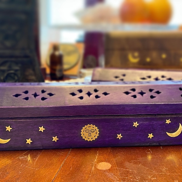Hand Carved Wood Incense Burner Ash Box with Sun Moon Stars Inlay | Incense Storage | Smoke Box | Wicca