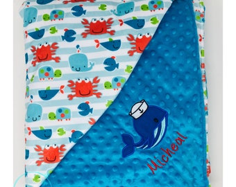 Personalized Under the Sea Minky Blanket, Whale Embroidered Baby Shower Gift, Sea animals Security Blanket, Crab and Fish Baby Blanket