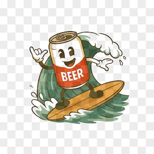 Surfing Beer Can PNG – Retro Summer Clipart for Sublimation & Print – 300 DPI Transparent Background