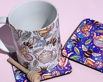 Cottagecore Bees and Teas Gift Set, Cottage Witch Mug, Celestial Vibes, Sun and Moon, Purple Tea Cup, Bee Lover Gift
