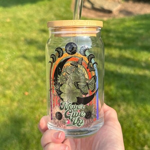 Moon Phases Coffee Cup, Never Give Up Mug, Witchy Iced Coffee, Fall Glass Tumbler, Iced Coffee Cup with Bamboo Lid and Straw, Boho Glass Can