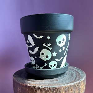May include: Black ceramic planter with a white glow-in-the-dark design featuring skulls, bones, bats, and coffins.