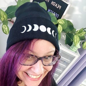 Moon Phases Embroidered Cozy Beanie, embroidered beanie women, Spooky Season Hat, moon phase hat, witch aesthetic clothing, Full Moon Hat