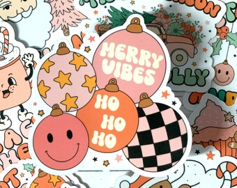 Retro Holiday Christmas Sticker 10 Pack, Laptop Decal, Water Bottle Label Pack, Stocking Stuffer, White Elephant Gift, Holiday Present