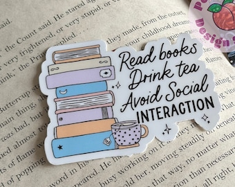 Tea and Books Sticker, Book Stickers, Antisocial, Kindle Sticker, Laptop Decal, Book Lover Gift, Book Presents, Magical Gift, Bibliophile