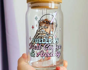 Gevoed door ijskoffie en angst, grappig ijskoffieglas, spookachtige beker, leuk cadeau voor moeder, cadeau koffieliefhebber, ijskoffie girly