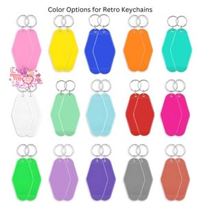 May include: A set of 12 retro keychain options in various colors, including pink, yellow, blue, orange, turquoise, white, mint green, light blue, red, magenta, green, lavender, purple, gray, and coral. Each keychain features a double-sided motel key design.
