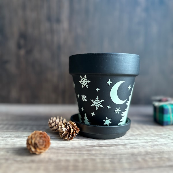 Glow in the dark Planter, hostess gift ideas, holiday gifts coworkers, plant pot home decor, winter solstice gift, winter home decor, pine