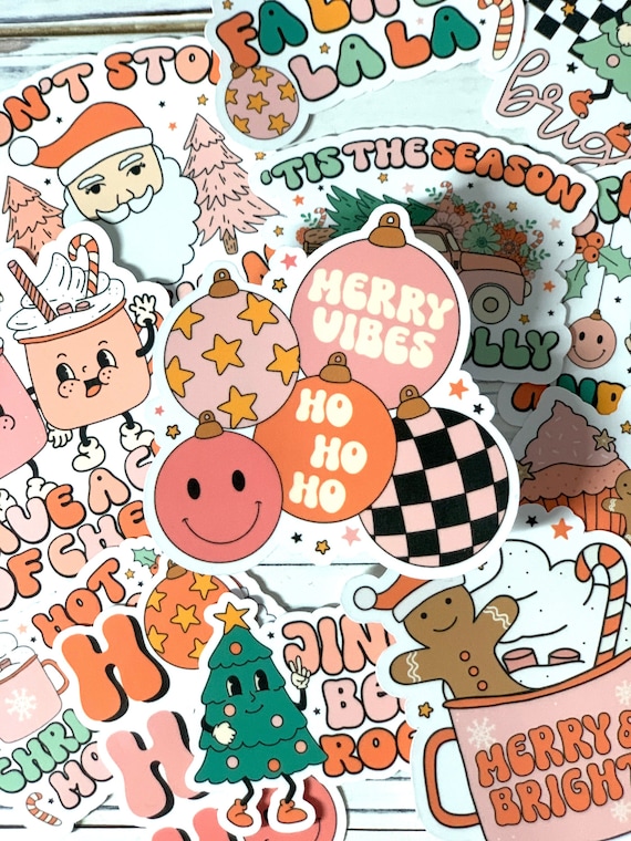 Retro Holiday Christmas Sticker 10 Pack, Laptop Decal, Water Bottle Label Pack, Stocking Stuffer, White Elephant Gift, Holiday Present