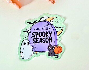 Wake Me for Spooky Season Sticker, Funny Halloween Sticker,  Cute Ghost Cat Halloween Art, Tombstone Magnet, Creepy Cute Sticker for Fall