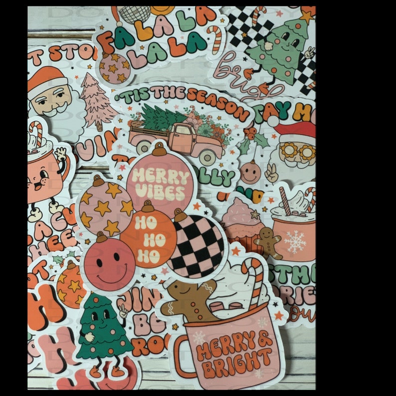 May include: A collection of colorful Christmas stickers with various designs, including a Christmas tree, ornaments, a gingerbread house, and a mug with the text "Merry & Bright".