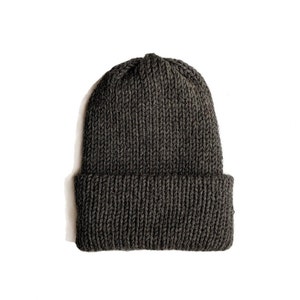 May include: A dark gray knitted beanie hat with a folded brim.
