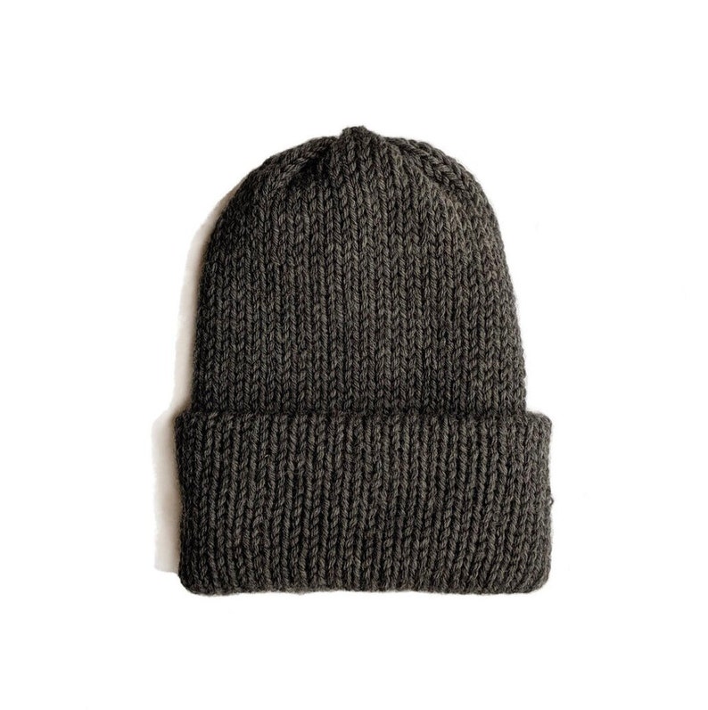 May include: A dark gray knitted beanie hat with a folded brim.