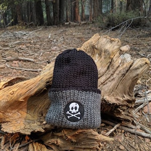 May include: A black and gray knit beanie with a skull and crossbones patch. The beanie is two-toned, with a black upper section and a gray lower section. The patch is white with a black outline. The beanie is displayed on a piece of wood.