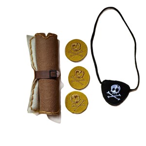 May include: A pirate-themed play set featuring a rolled-up brown felt scroll secured with a brown belt, three gold-colored coins with skull and crossbones, and a black eye patch with a skull and crossbones design.