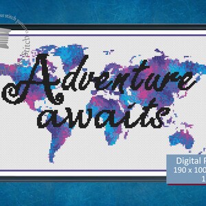 May include: A digital cross stitch pattern featuring a watercolor-style world map with the text "Adventure awaits". The pattern is 190 x 100 stitches and uses 18 colors.