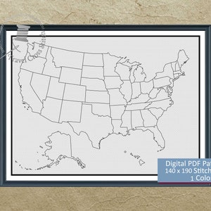 Mittelgroße Landkarte der USA (kreuzstichmuster; Rückstiche) - Malen Sie aus während Sie reisen!