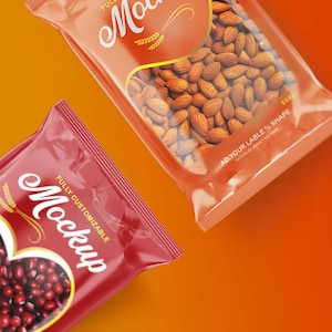 May include: Two red and orange plastic bags with a clear window showing almonds and red beans. The bags are labeled "Mockup" and "AD YOUR LABLE % SHAPE".