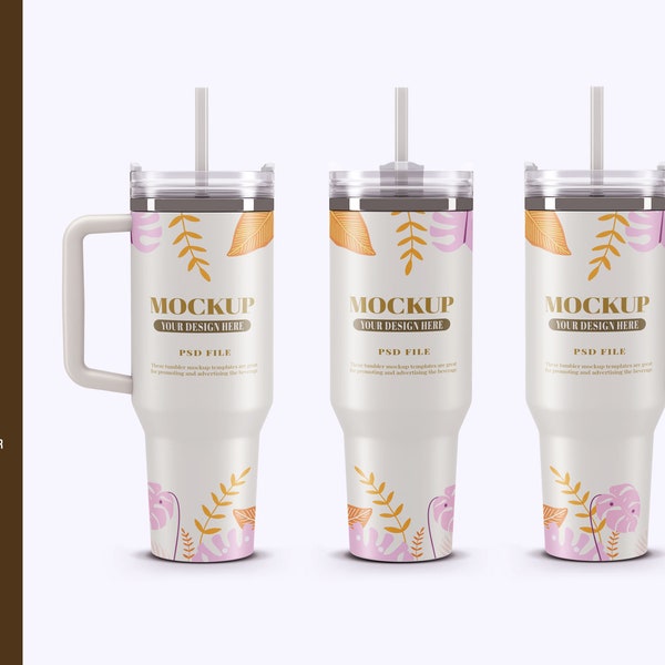 Dye sublimation 40 oz tumbler with handle Mockup, Add your own image and background PSD FILE