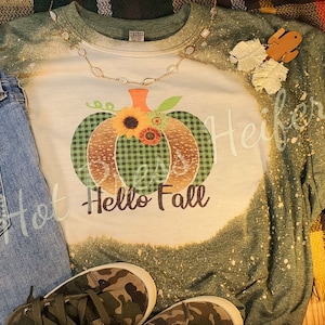 Hello Fall T-shirt, pumpkin, deer hide pattern, sublimation, bleached
