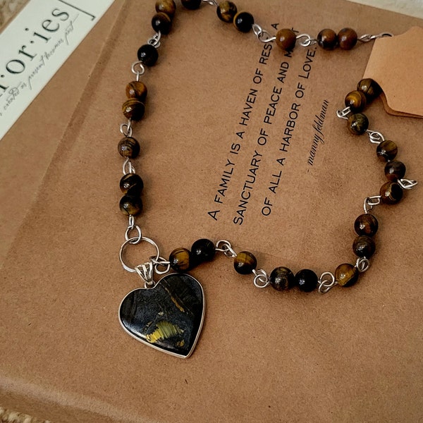 Tiger's Eye Heart 925 Sterling Silver Pendant on 18" Tiger Eye Beaded Chain Handmade Natural Stone